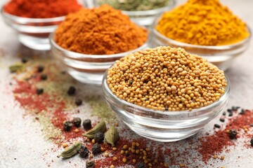 Different aromatic spices on light grey table, closeup