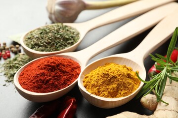 Many different spices in spoons on grey table, closeup