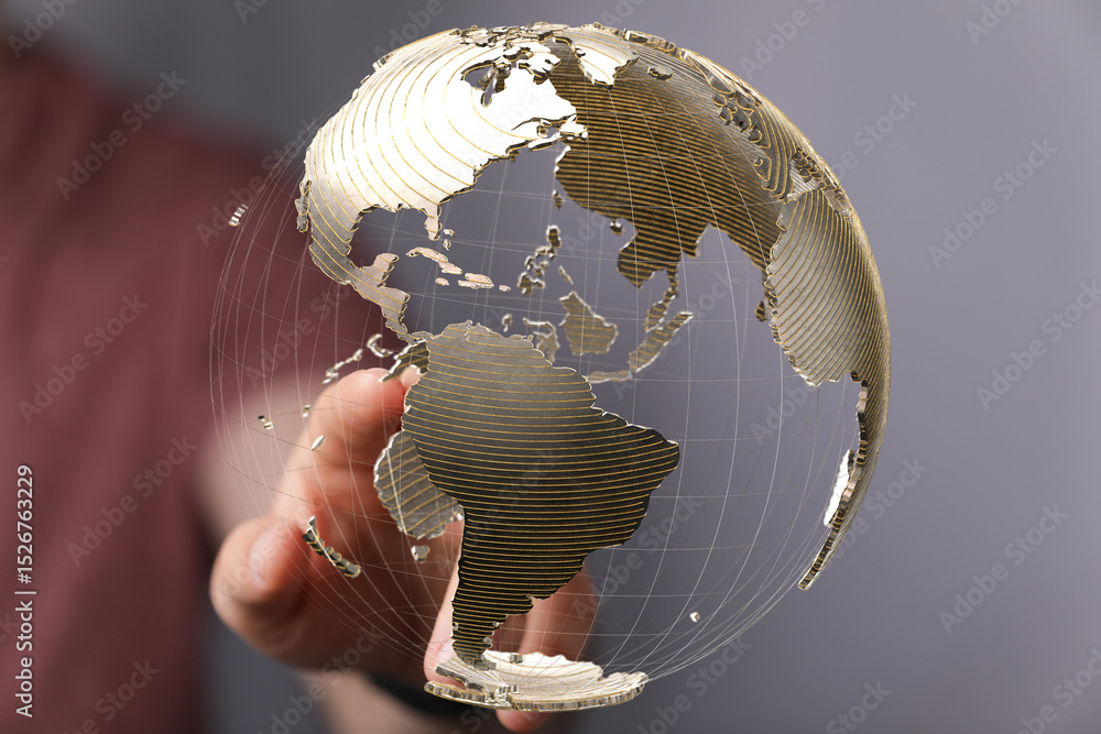 Aufkleber Abstract image of a hand interacting with a digital 3D model of the Earth, symbolizing global connectivity and networking.