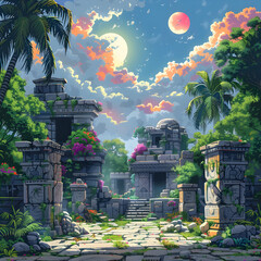 Lush Tropical Ruins at Sunset Pixel Art
