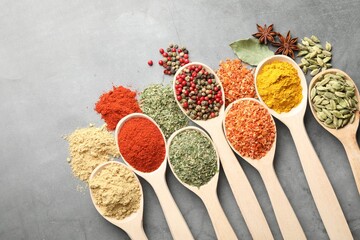 Many different spices in spoons on grey table, flat lay