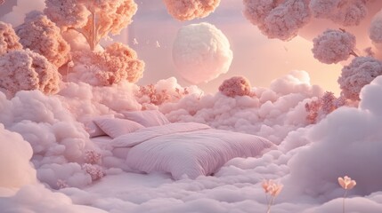 A dreamy landscape of soft clouds and a bed.