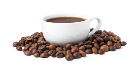 Aromatic coffee in cup and pile of beans isolated on white