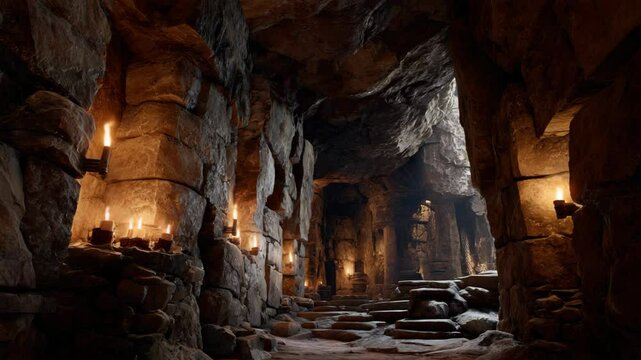 ancient underground dungeon with candle lit  light along the steps passage