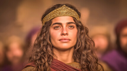 Elegant portrait of a biblical queen, radiating beauty, dignity, and strength, adorned in ancient royal attire.
