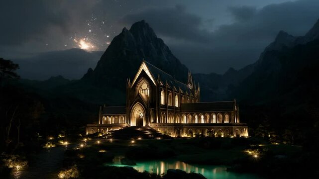 elegance otherworldly  a big elven castle fantasy theme  under celestial sky at night, light glow from windows