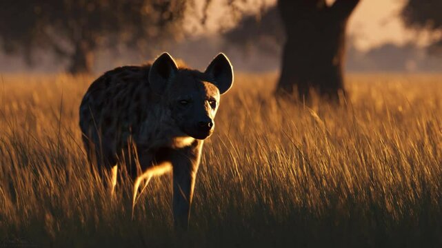 a hyena at nature habitat, savannah field with sunset light 