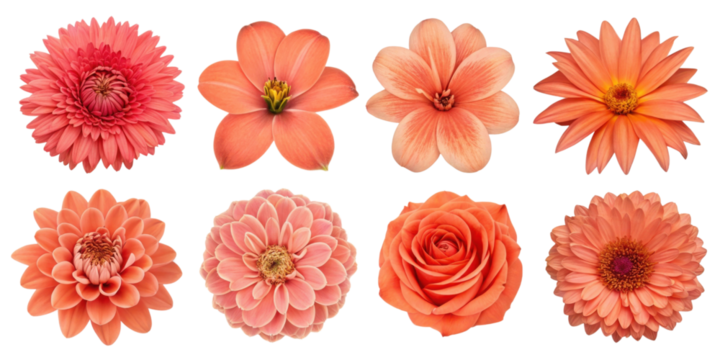 Vibrant collection of pink and orange flowers showcasing various shapes and sizes, perfect for floral arrangements and decorations