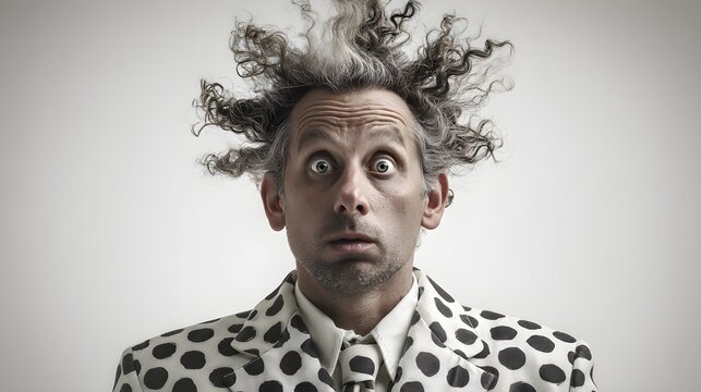 Realistic Portrait of a Wild-Haired Eccentric Man in Oversized Polka Dot Suit with Shocked Expression