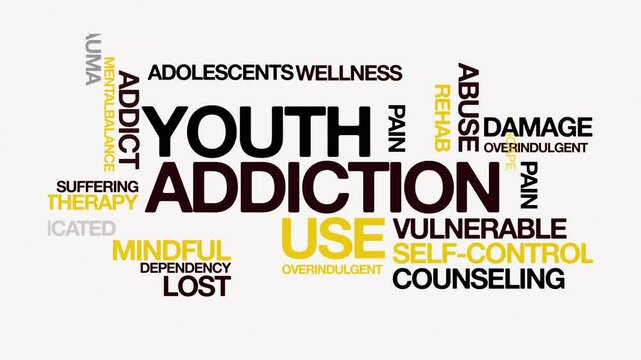 Youth addiction   Animated Tag Word Cloud kinetic typography concept, Text Design Animation typography seamless loop video motion graphics Intro 4k, animated Word Art Looping Text effects
