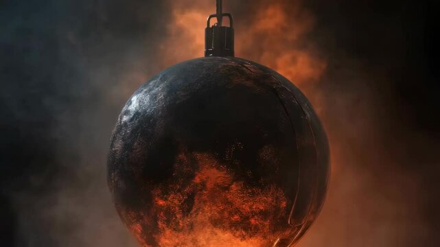Fiery wrecking ball in motion amidst glowing sparks and smoke