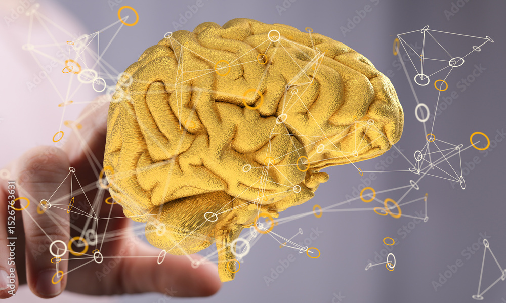 Poster 3D golden brain model, representing neural networks and connections.  Perfect for AI, technology, and neuroscience concepts.