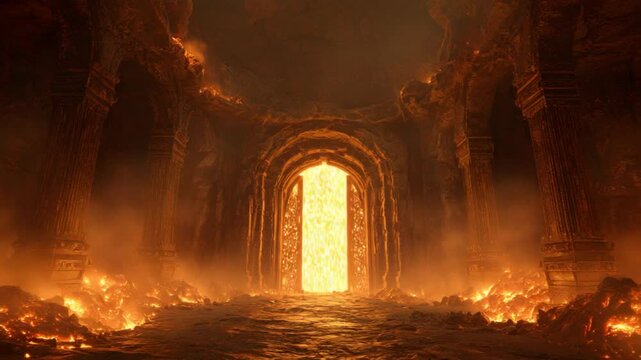 hellish hell gate , opening enormous hell gate surround with lava, fire and smoke 