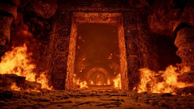 hellish hell gate , opening enormous hell gate surround with lava, fire and smoke 