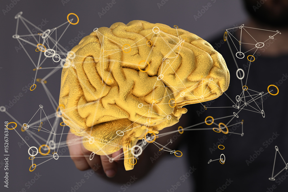 Poster 3d golden brain model, representing neural networks and connections. concept for ai, intelligence, a