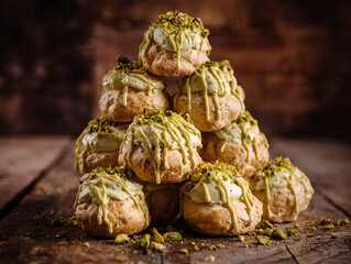 Pistachio profiterole pile with creamy filling
