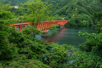 群馬県みどり市の草木湖（草木ダム）に架かる鮮やかな赤い草木橋の風景。周囲を豊かな新緑と静かな湖面に囲まれ、観光やアウトドア、旅行、リラックスに適した美しい初夏の景色。

