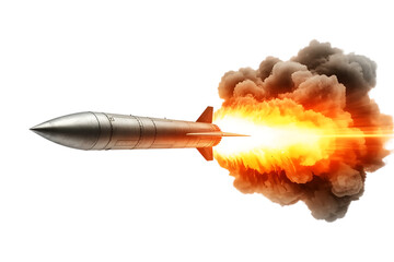 Cruise missile launching with fire and smoke isolated on transparent background