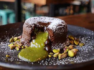 Pistachio lava cake with rich green sauce