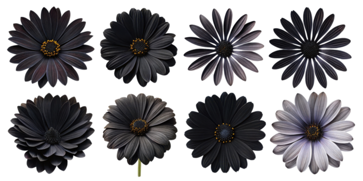 Collection of various dark colored flowers showcasing unique shapes and textures, perfect for design projects