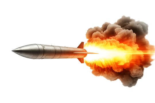 Cruise missile launching with fire and smoke isolated on transparent background