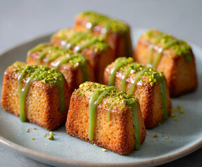 Pistachio drizzle financiers with glossy green sauce