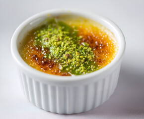 Pistachio drizzle crème brûlée with crunchy topping