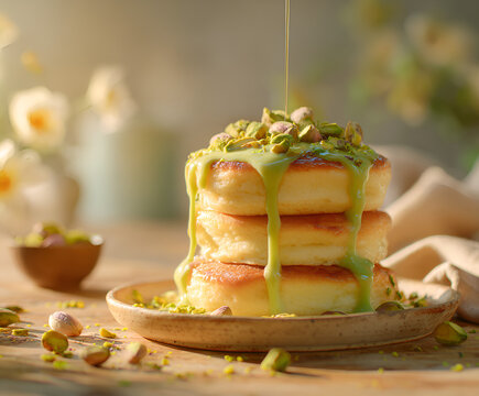 Pistachio drizzle pancake stack with morning light