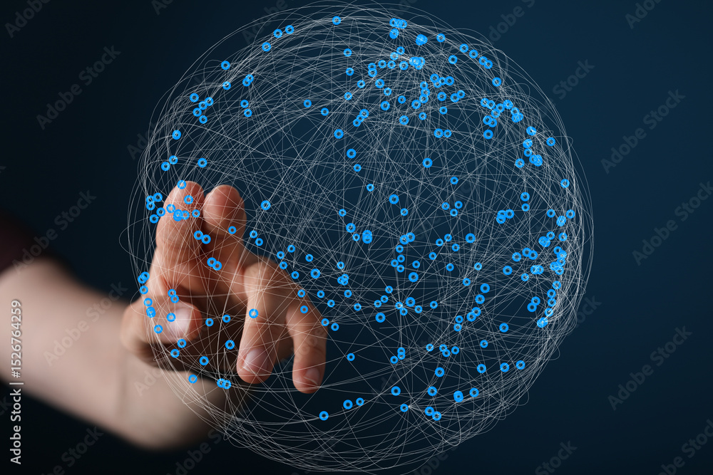 Fototapete Abstract image of a hand interacting with a digital network sphere, representing global connectivity and data.