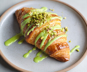 Pistachio croissant with green sauce and nuts