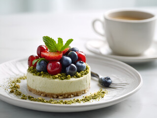 Pistachio and berry cheesecake with fresh fruit