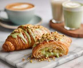 Pistachio croissant with creamy filling and sauce
