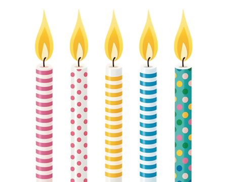 Five lit birthday candles with stripes and polka dots isolated on transparent background