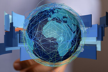 Abstract image of a digital earth with connections, representing global networking and data flow.