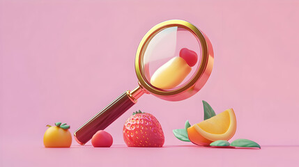 Magnifying Glass on Fresh Fruit in Pink Setting