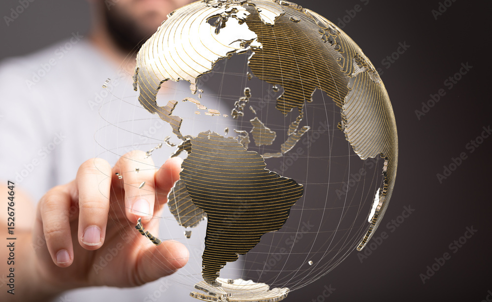 Poster Abstract image of a hand interacting with a 3D world map, symbolizing global connectivity and networking.