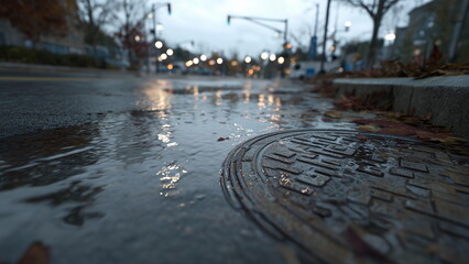 A city street with water overflowing from a clogged storm drain, murky water pooling around manhole covers, wet asphalt reflecting streetlights, scattered debris and leaves floating on the surface.