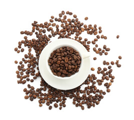 Aromatic coffee in cup and beans isolated on white, top view