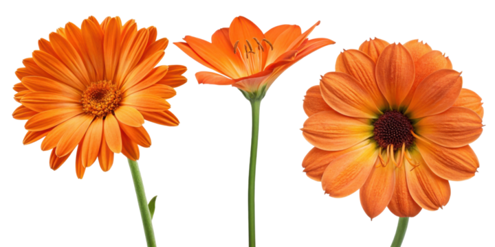 Three vibrant orange flowers showcasing their unique shapes and textures, radiating warmth and beauty