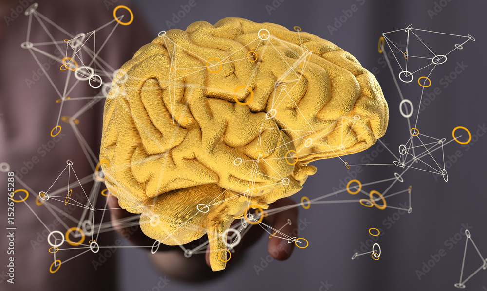 Aufkleber 3D golden brain model with interconnected nodes.  Ideal for AI, neuroscience, and technology concepts.