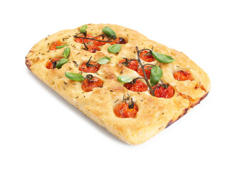 Delicious focaccia with tomatoes and spices isolated on white