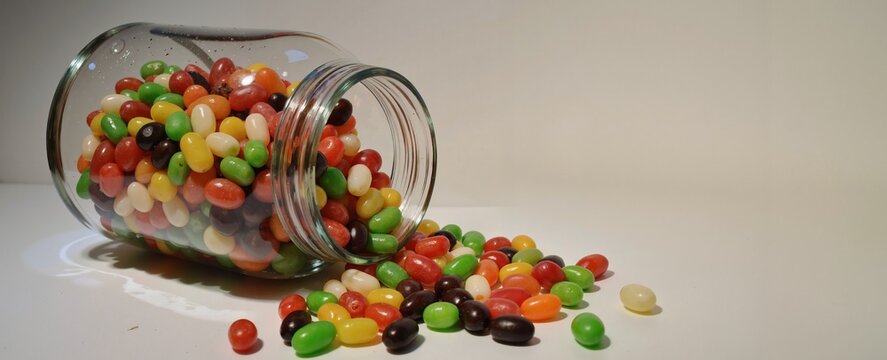 A colorful assortment of jelly beans spills from a glass jar onto a table, creating a vibrant and playful scene
