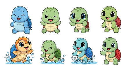 Adorable Turtle Cartoon Vector Art Cute Baby Turtles Collection Smiling Waving Playing Colorful Shells Isolated Ocean
