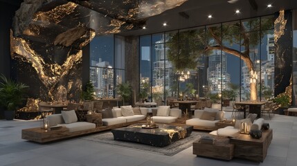 Luxurious Modern Living Room Design  Night Cityscape View