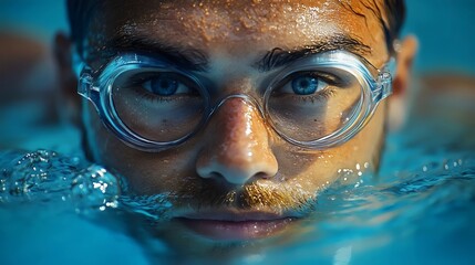 Fototapeta premium A determined swimmer's face emerges from the clear, cool water, focused and ready.