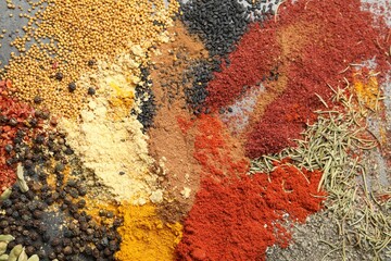Many different spices on table, flat lay