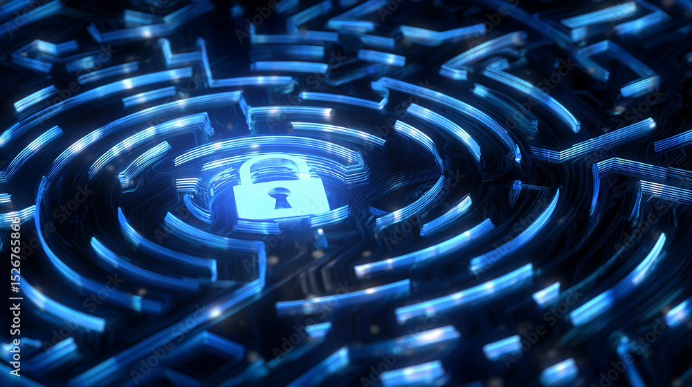 Poster abstract digital labyrinth with a glowing blue lock symbolizing security and protection in a complex