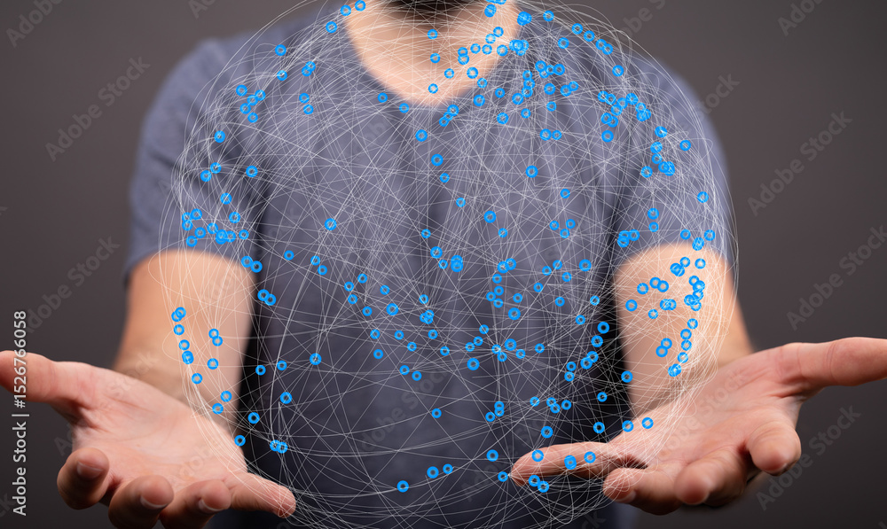 Poster Person holding a digital sphere representing global network connections. Concept of networking, technology, and connection.