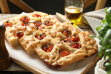 Cut delicious focaccia with tomatoes and spices on table, closeup