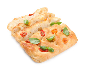 Cut delicious focaccia with tomatoes and basil isolated on white